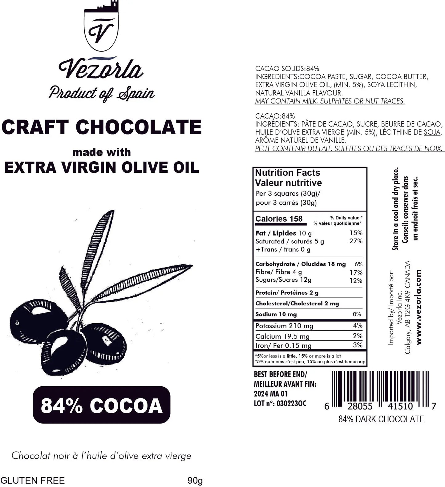 84% COCOA craft dark chocolate made with EVOO. 90g.