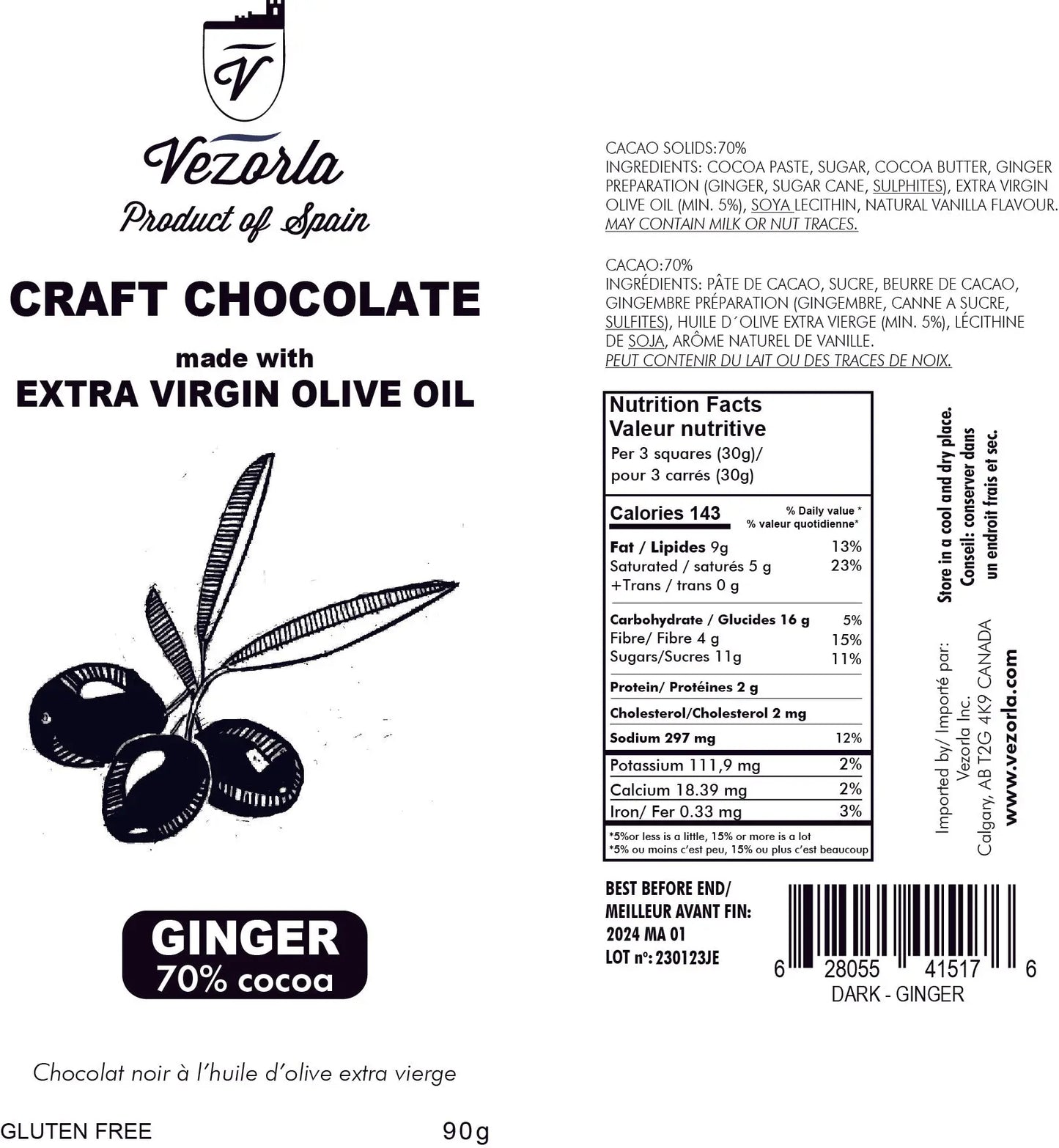GINGER. 70% Cocoa craft dark chocolate made with EVOO. 90g.