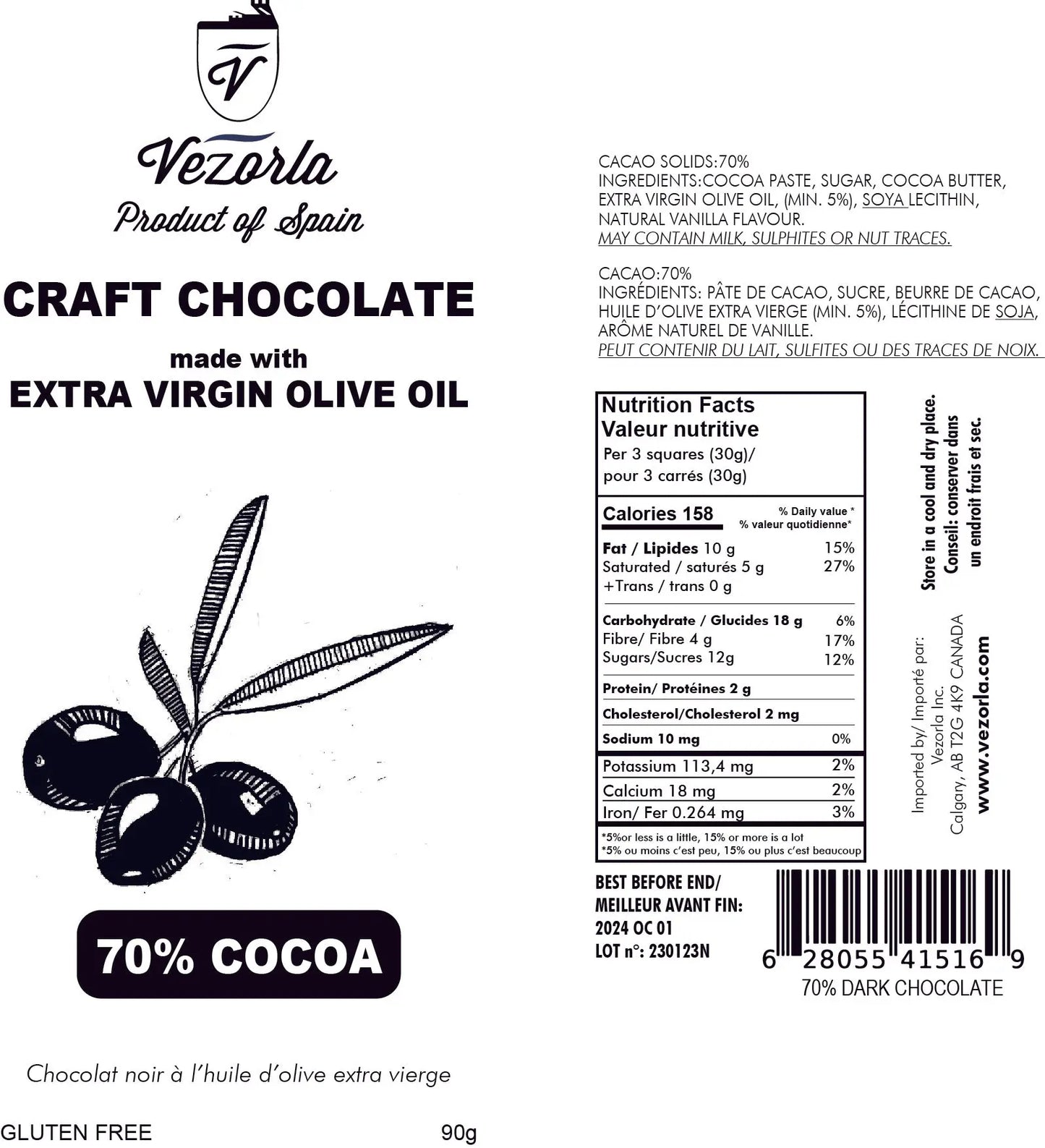 70% COCOA craft dark chocolate made with EVOO. 90g.