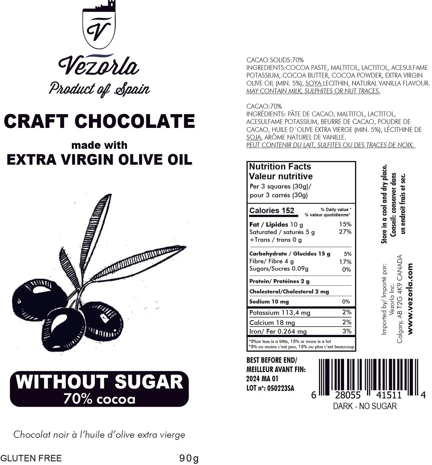 WITHOUT SUGAR - 70% Cocoa craft dark chocolate made with EVOO. 90g.