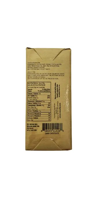 Craft Dark Chocolate 70% COCOA 90g. Made With 6% Extra Virgin Olive Oil. Smooth and Creamy. No Milk Added. Gluten Free.