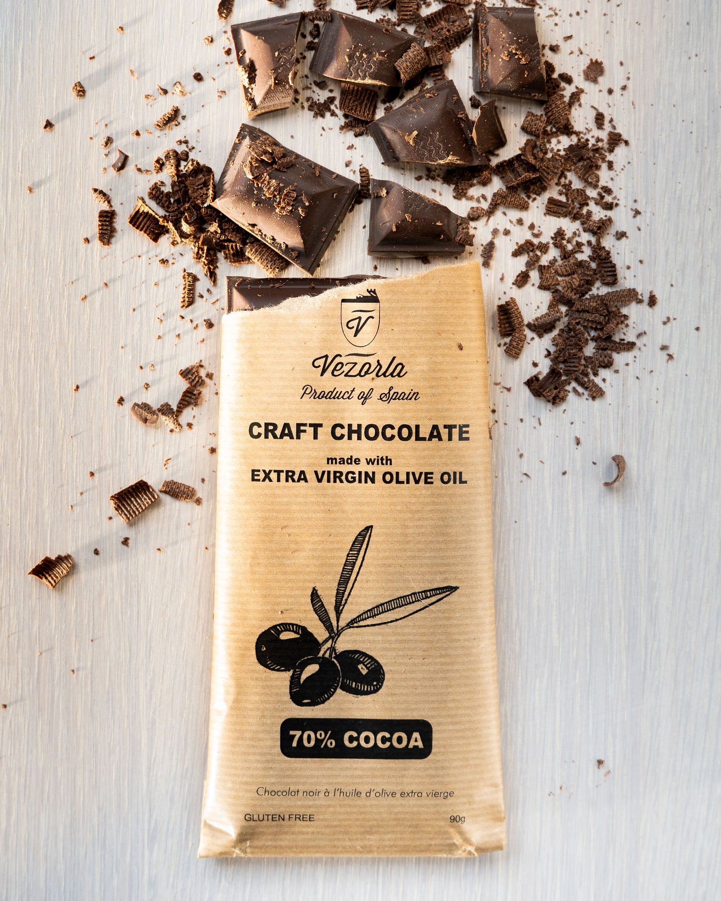 70% COCOA craft dark chocolate made with EVOO. 90g.