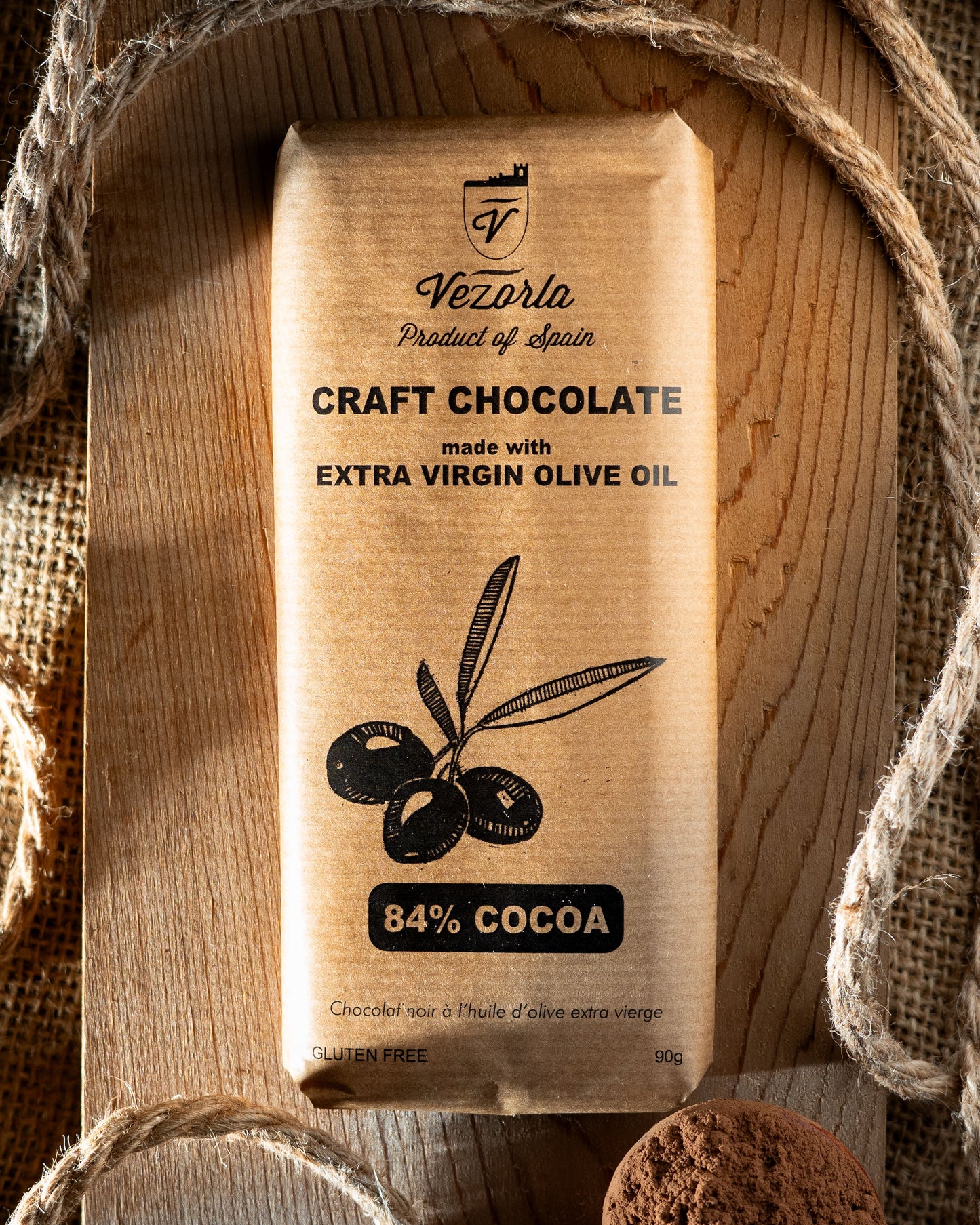 84% COCOA craft dark chocolate made with EVOO. 90g.