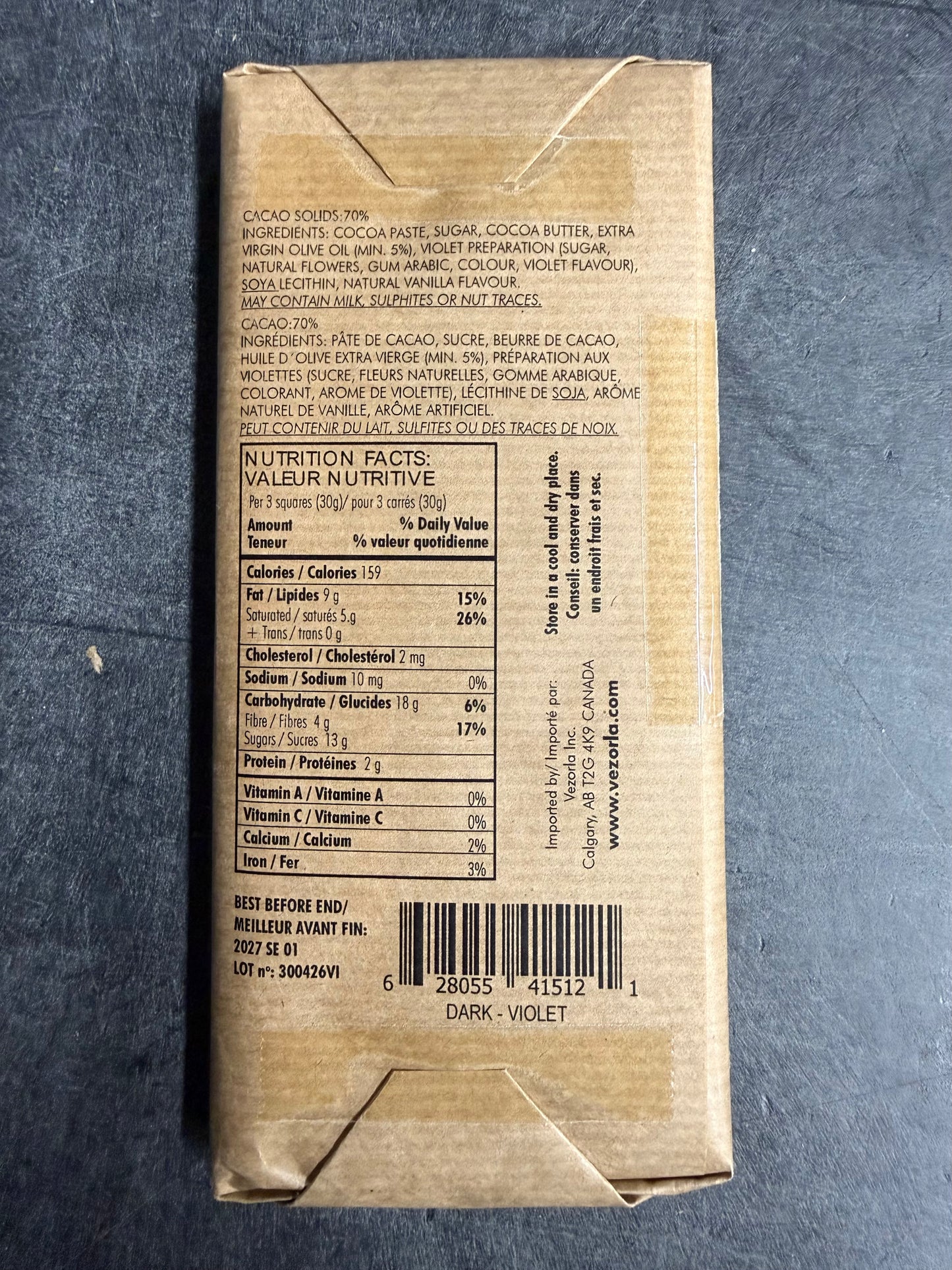 VIOLET PETALS craft dark chocolate made with EVOO. 90g.