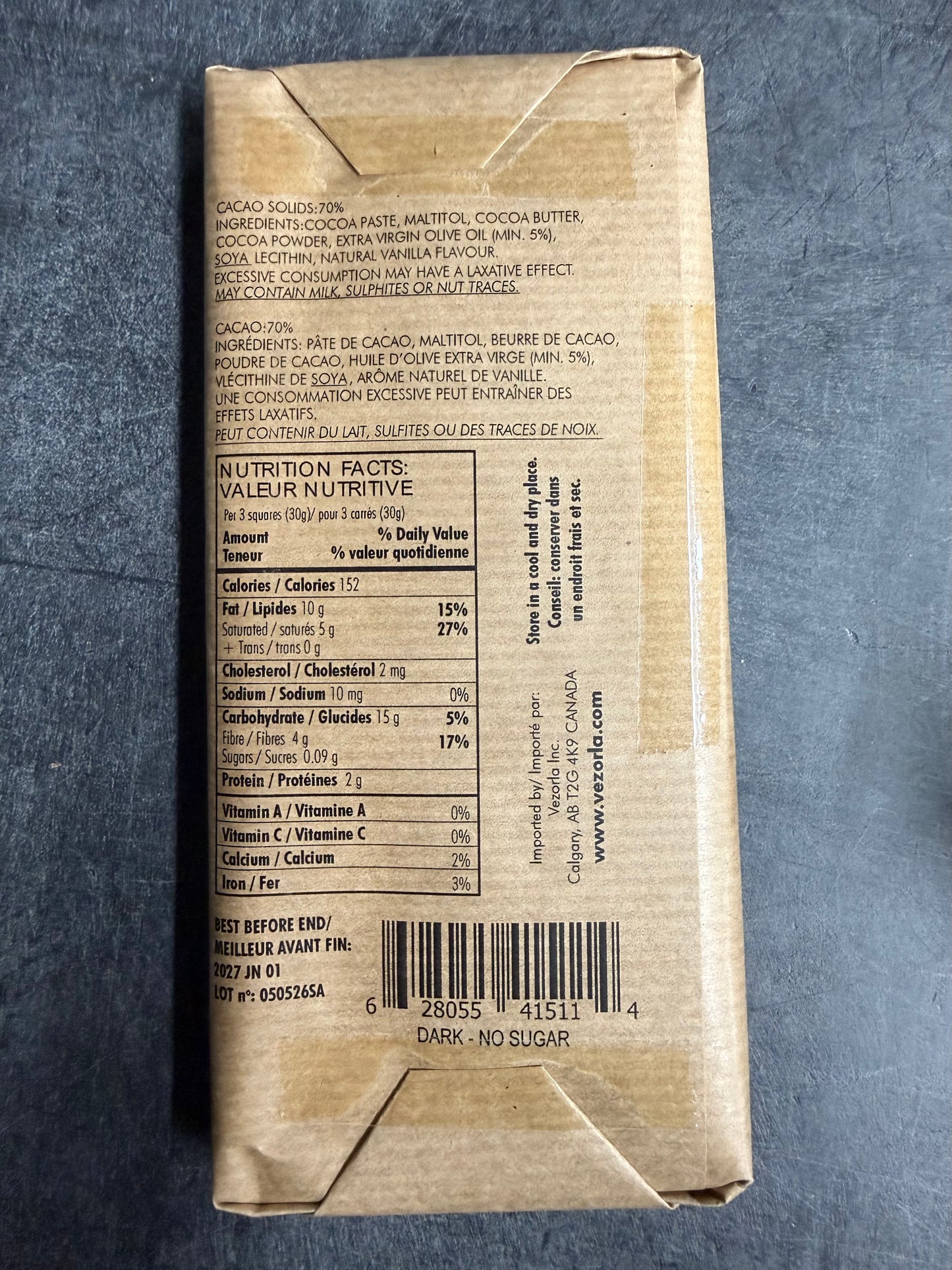 WITHOUT SUGAR - 70% Cocoa craft dark chocolate made with EVOO. 90g.