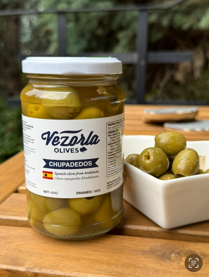 Andalusian green olives in brine CHUPADEDOS 450g. Pitted. Available in CA 🇨🇦  & US 🇺🇸.