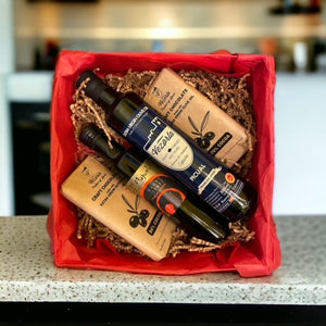 High quality gift basket featuring Evoo, Craft dark chocolate and Sherry Vinegar. For people who is sensitive to quality and prioritize food and health. 