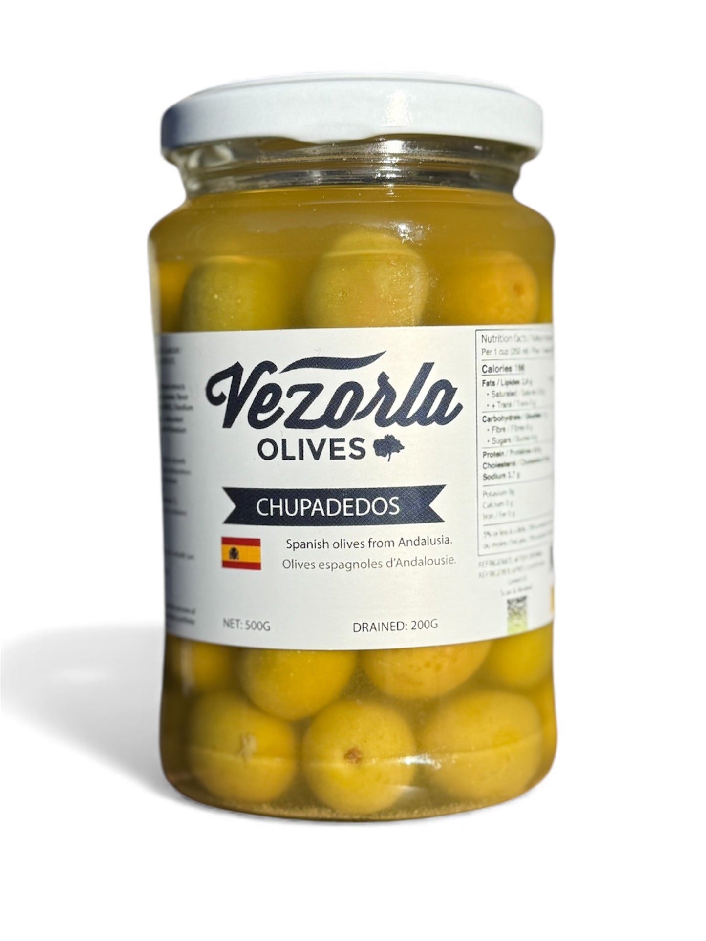 Andalusian green olives in brine CHUPADEDOS unpitted. 500g.