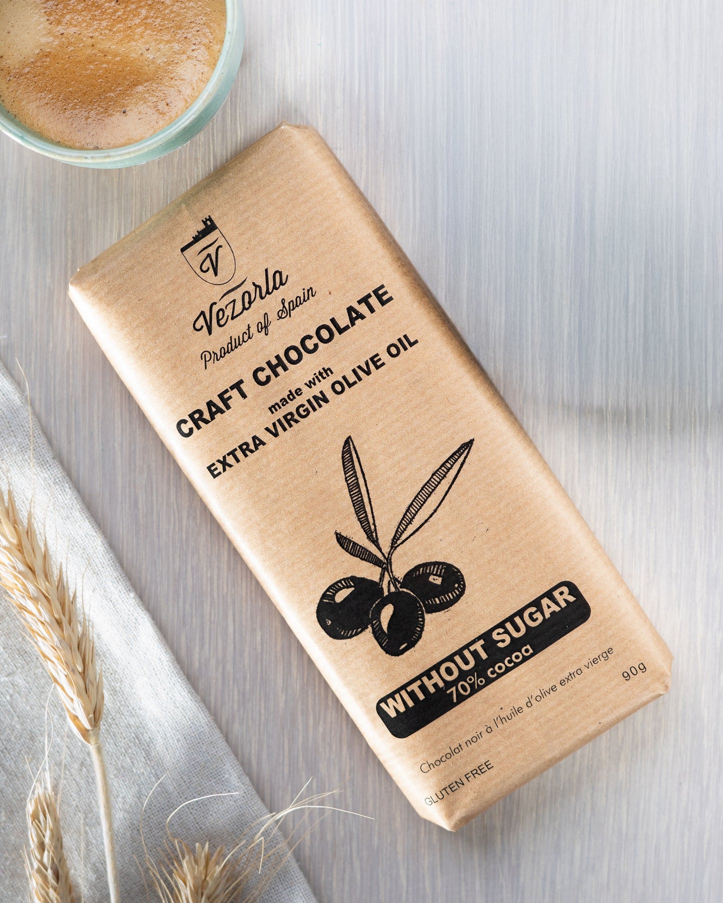 WITHOUT SUGAR - 70% Cocoa craft dark chocolate made with EVOO. 90g.