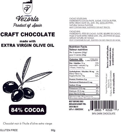 84% COCOA, 90g. Craft dark chocolate made with Picual spanish olive oil. Available in CA 🇨🇦  & US 🇺🇸 .