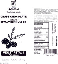 VIOLET PETALS, 90g. Craft dark chocolate made with Picual spanish olive oil, 70% cocoa. Available in CA 🇨🇦  & US  🇺🇸 </b> </b><B></b>