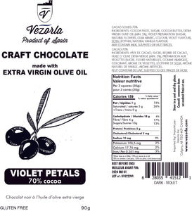 Pre-order VIOLET PETALS, 90g. Craft dark chocolate made with Picual spanish olive oil, 70% cocoa. Available in CA 🇨🇦  & US  🇺🇸 </b> </b><B></b>